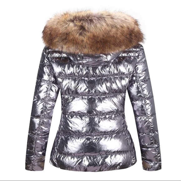 Lightweight Puffer Jacket Warm Coat Hooded with Fur Collar Silver - Picture 4 of 6